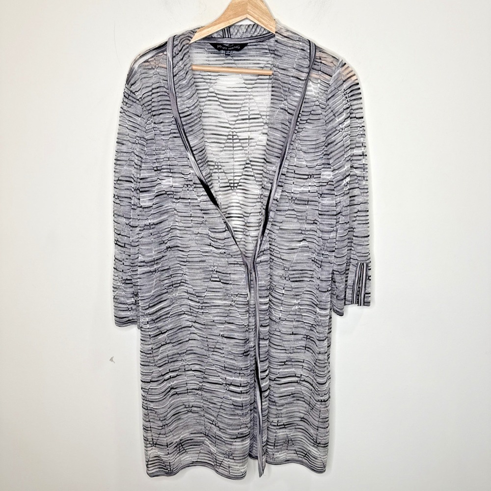 Ming Wang Cardigan Jacket Women's L Gray 3/4 Sleeve Sheer Long Line Lightweight